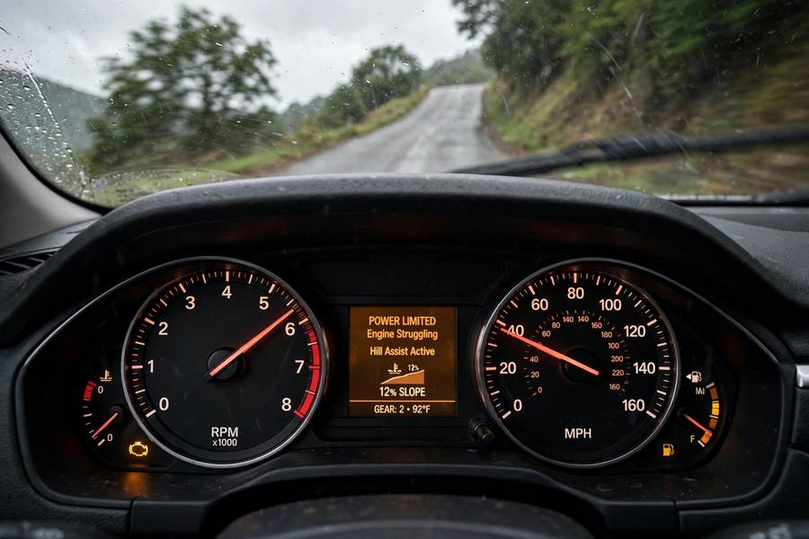 Tachometer revving high as a car struggles to accelerate
