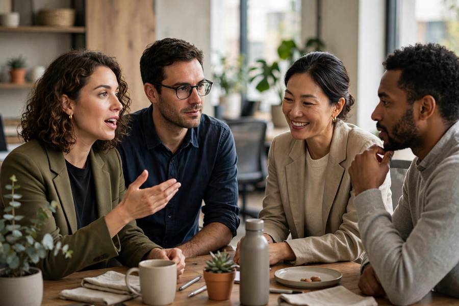 Business team discussing company values