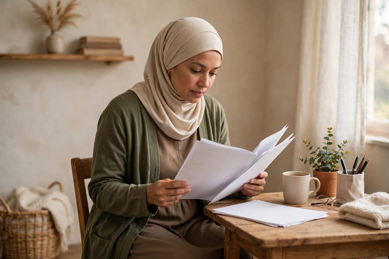 Tenant in a modest home office carefully reading through the pages of a rental lease agreement