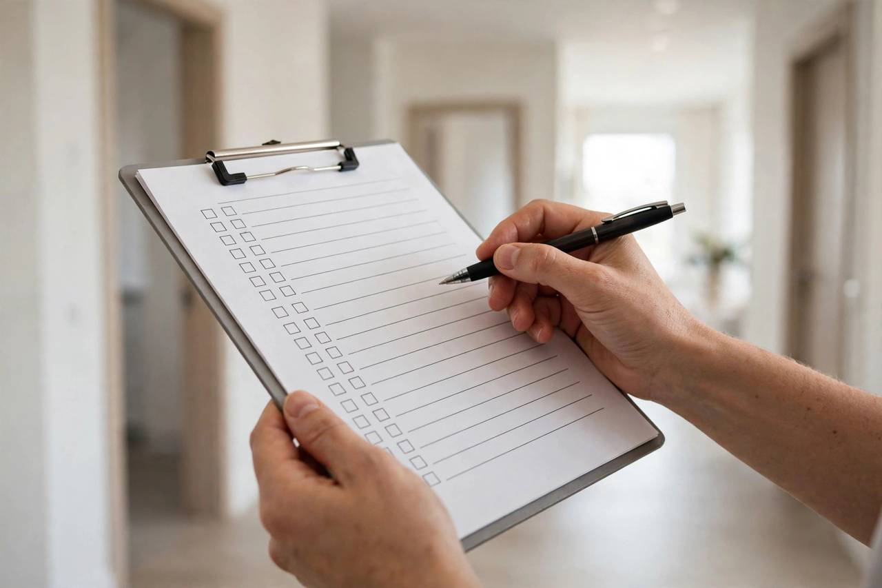 Hands holding a printed move-in inspection checklist and pen on a clipboard in a hallway