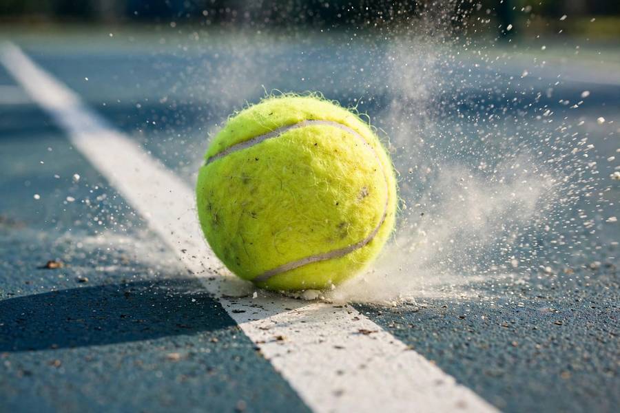 Tennis ball landing on the court line during a rally