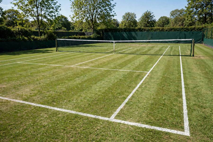 Empty grass tennis court with white lines on a sunny day