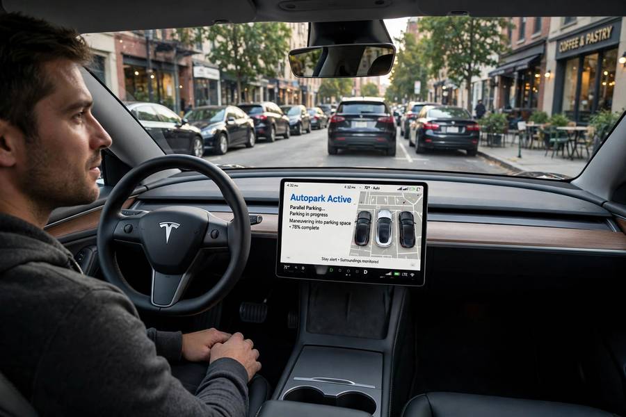 Tesla Autopark automatically parallel parking the car on a city street