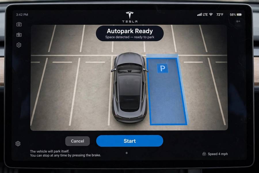Tesla touchscreen showing the Autopark parking space visualization