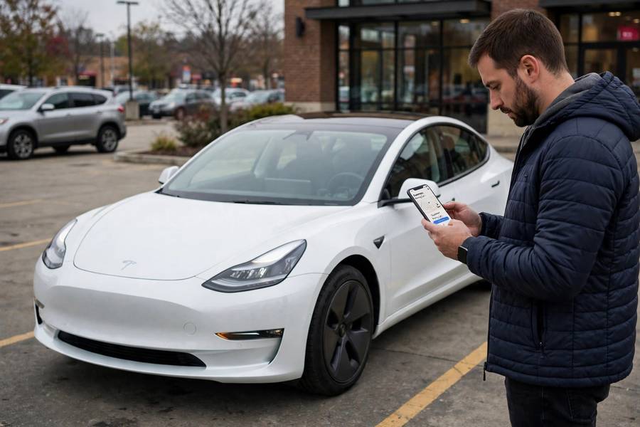 Driver using Tesla phone app to remotely move the car out of a parking space