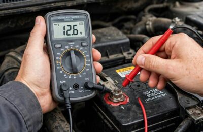 Testing a car battery with a multimeter on the battery terminals