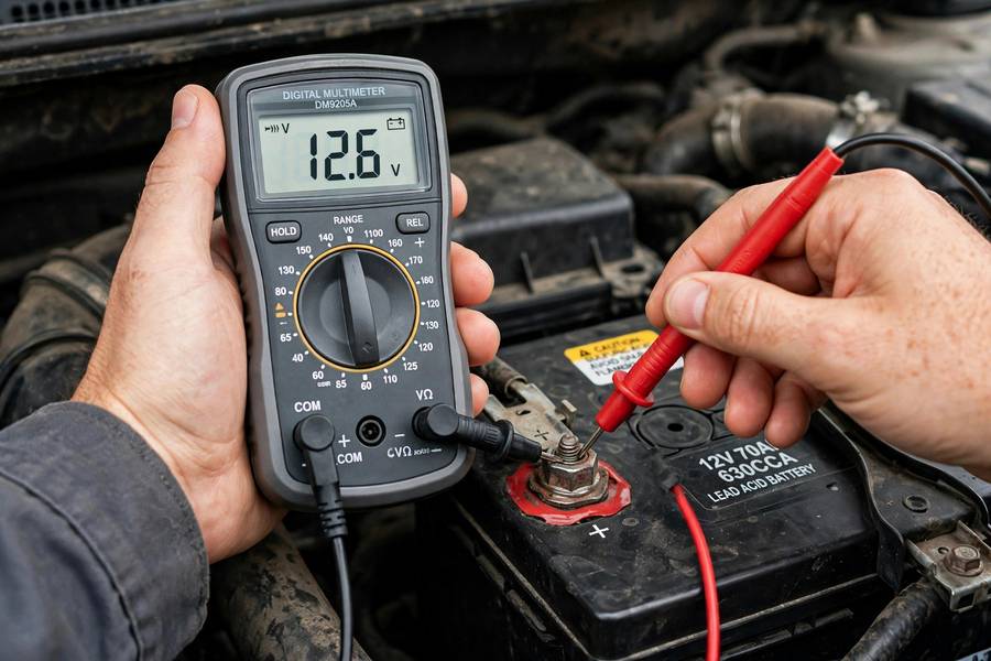 Testing a car battery with a multimeter on the battery terminals