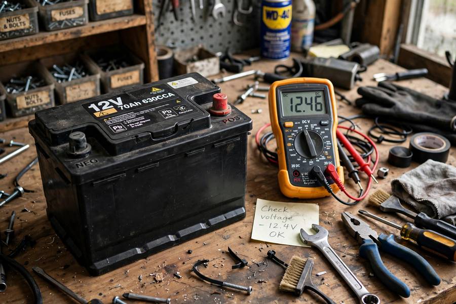 Car battery on workbench ready to test car battery with multimeter