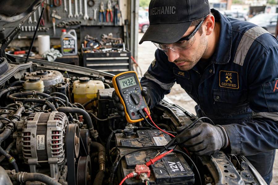 Mechanic testing charging voltage to test car battery with multimeter