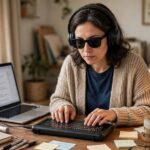 Text to Speech for Accessibility: A Complete Guide Blind woman using text to speech for accessibility with headphones and braille display