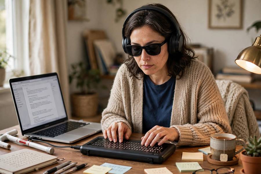 Blind woman using text to speech for accessibility with headphones and braille display