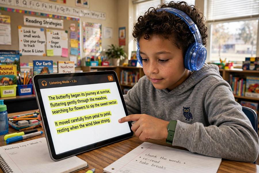 Child with dyslexia using text to speech for accessibility to follow highlighted text