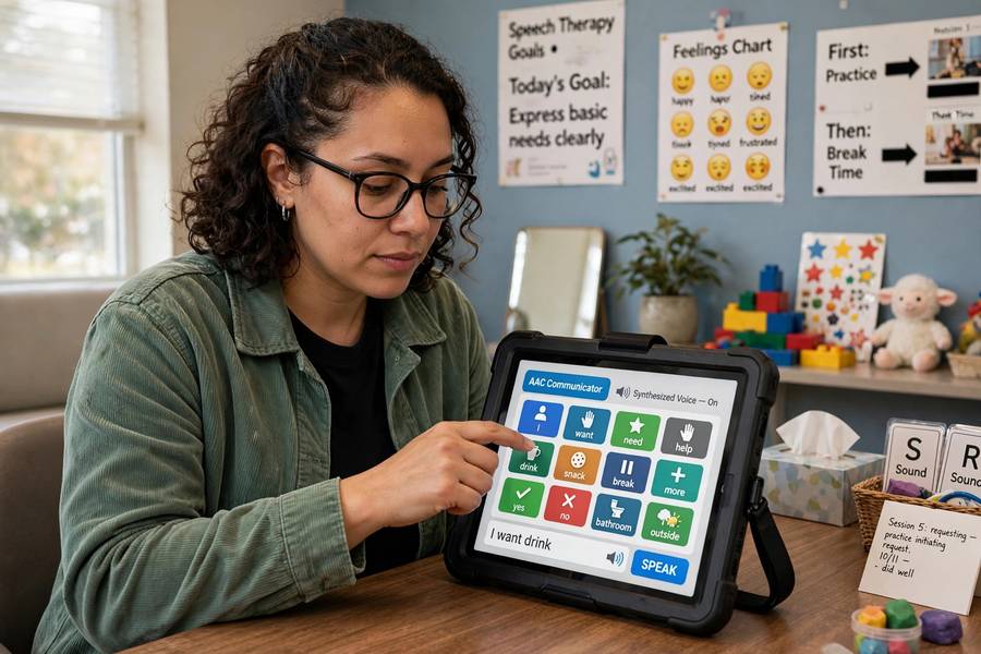 Person communicating through an AAC device powered by text to speech for accessibility