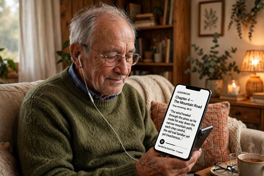 Elderly man enjoying accessible audio content through text to speech on a smartphone