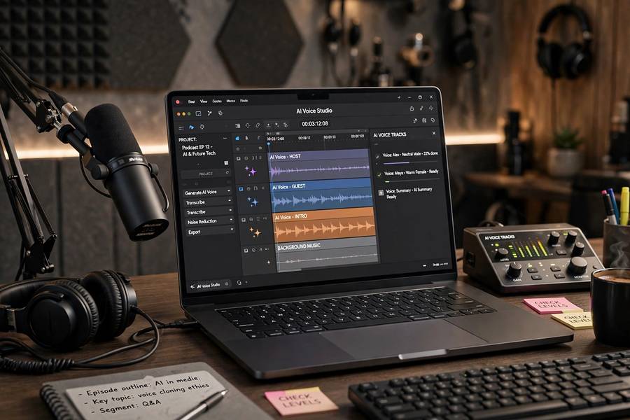 Podcast studio setup editing AI-generated narration for text to speech for podcasts