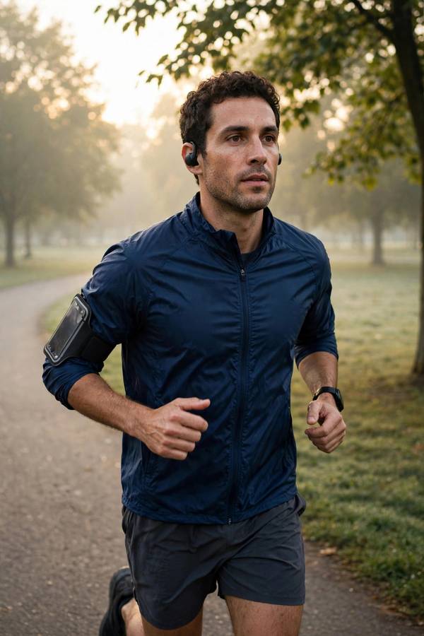 Runner listening to a podcast episode produced with text to speech technology