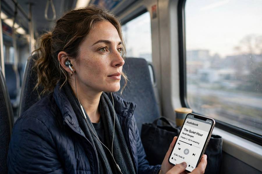 Commuter listening to an audiobook, one of the popular text to speech use cases