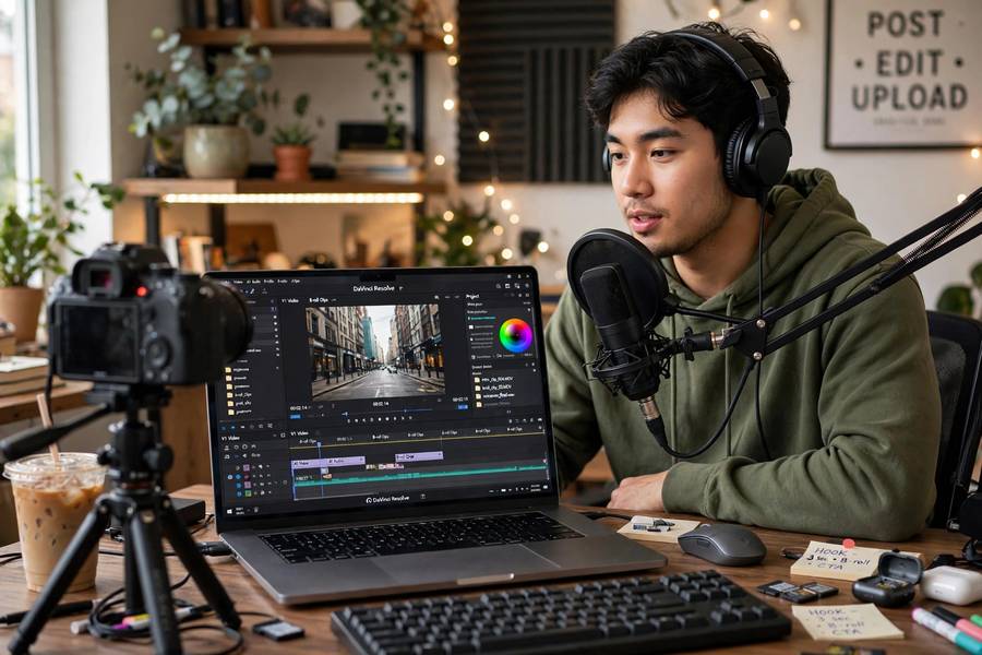 Content creator producing videos using text to speech narration