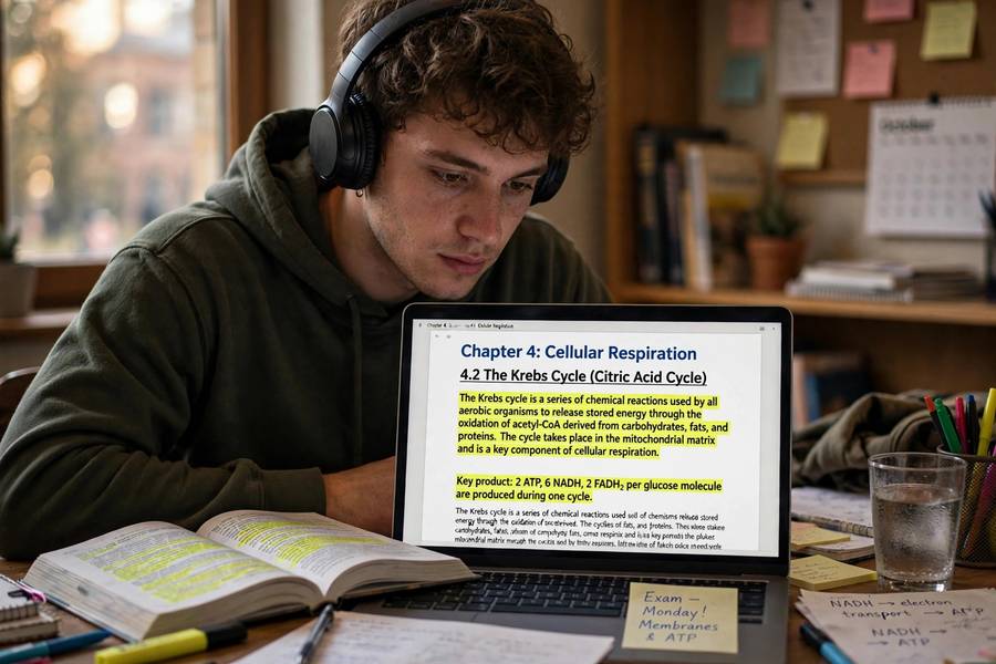 Student using text to speech to listen to study material while reading along
