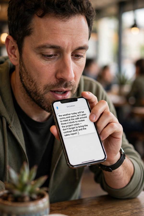 Person using speech to text dictation on a smartphone