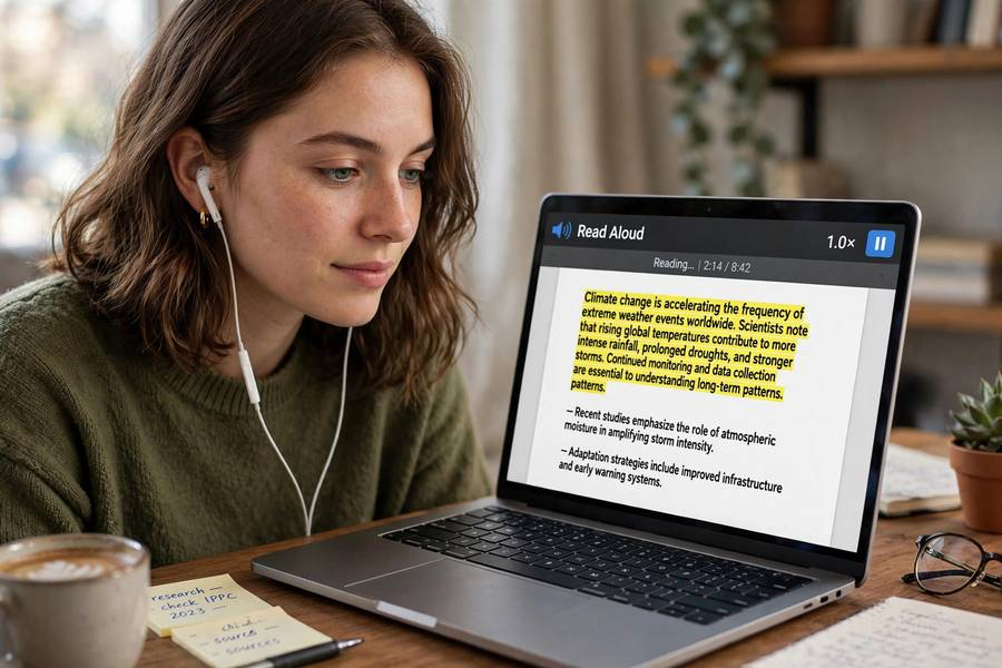 Person listening to text to speech while following highlighted text on a laptop