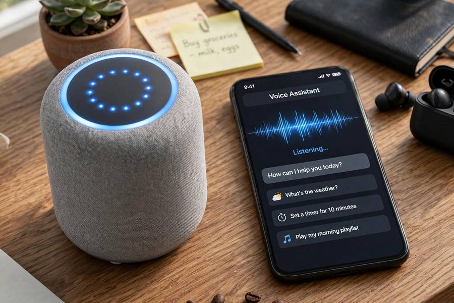 Smart speaker and smartphone representing both directions of voice technology