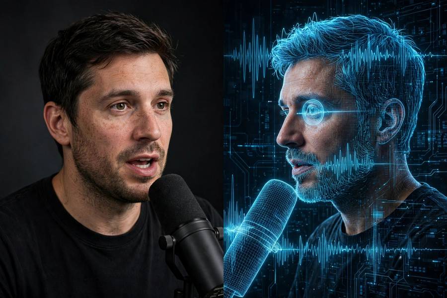 Conceptual image comparing a real voice with its AI clone for text to speech vs voice cloning
