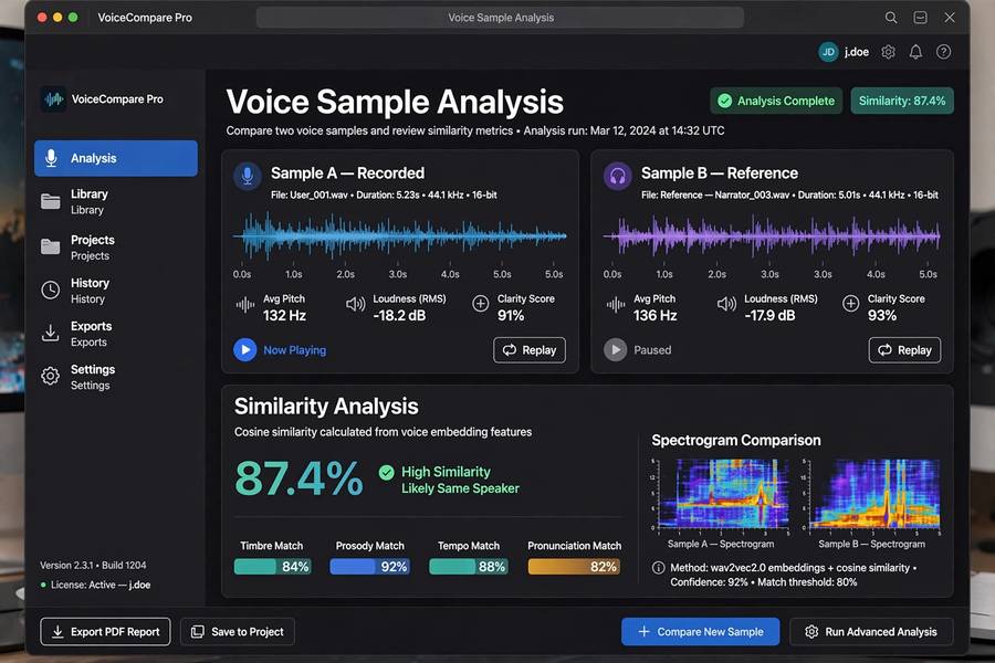 Voice cloning software analyzing a voice sample for similarity matching