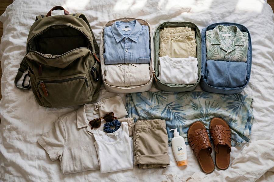 A Thailand packing list laid out — light clothes, packing cubes, sunscreen, and a versatile sarong