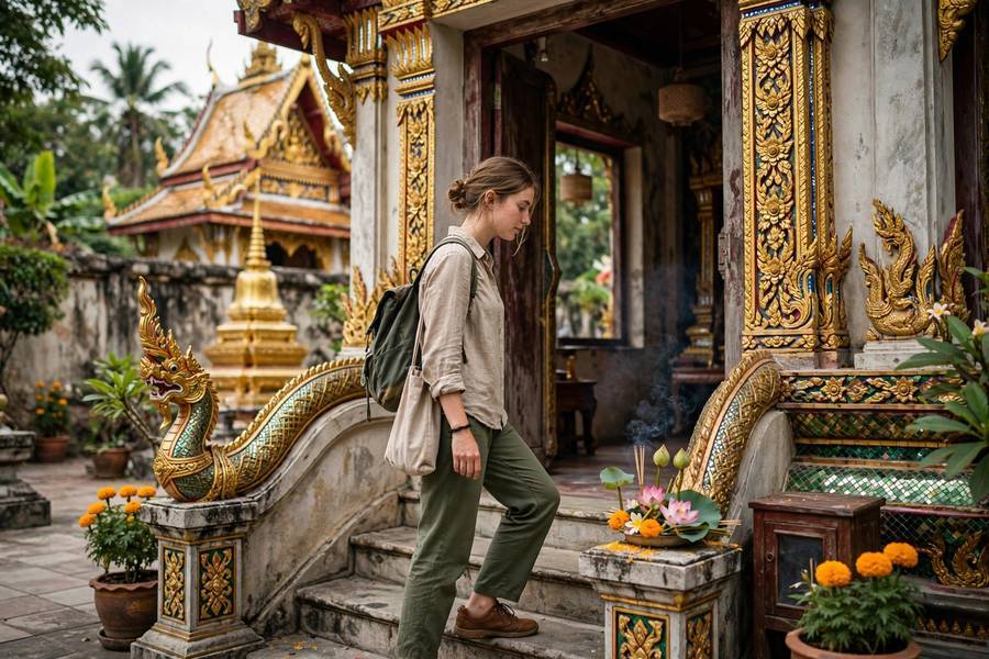 Modest dress for Thai temples — cover shoulders and knees, an essential note for any Thailand packing list