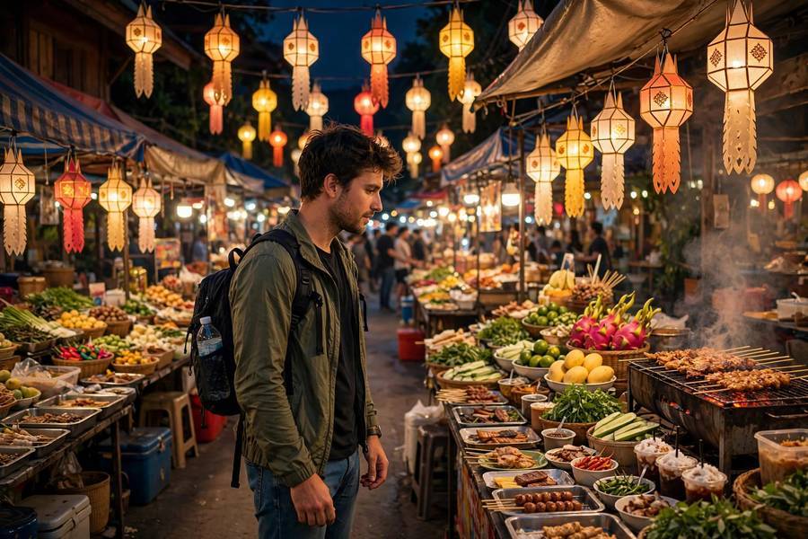 Chiang Mai's night market — a small daypack is the most useful item on a Thailand packing list