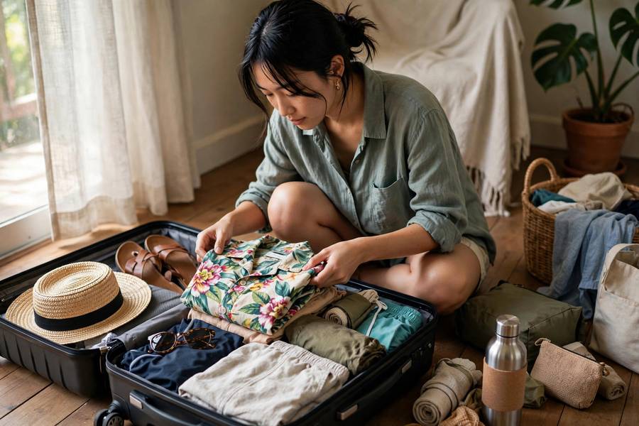 Traveler packing light carry-on for Thailand with tropical clothes