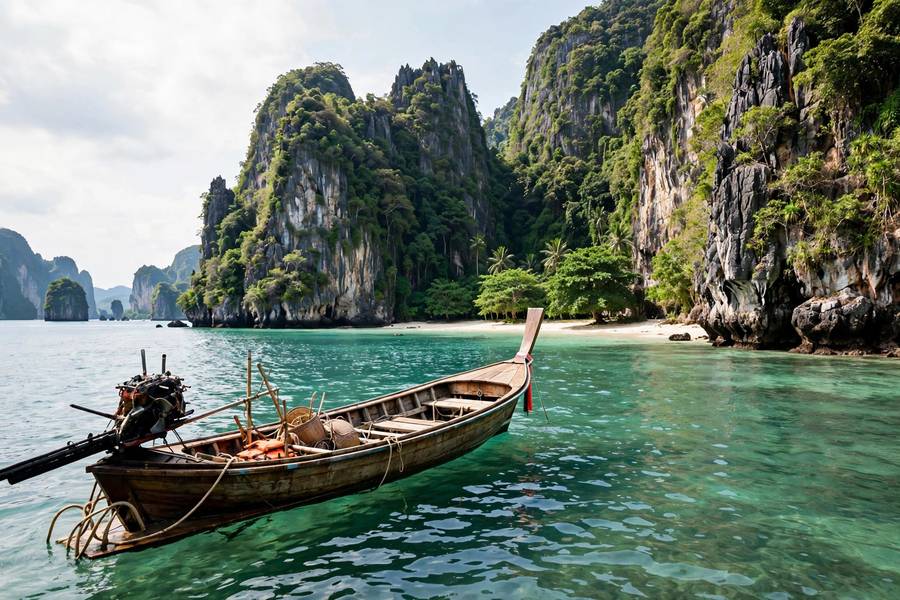 Longtail boat at Maya Bay Thailand with limestone cliffs