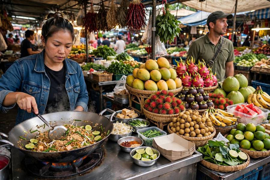 Thai street food market with pad thai and fresh fruit stalls