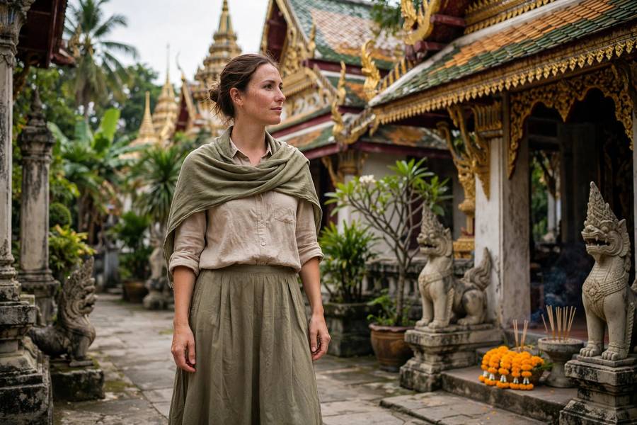 Woman in maxi skirt at Thai temple with dress code
