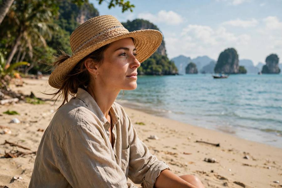 Woman on Thailand beach in sun hat with islands