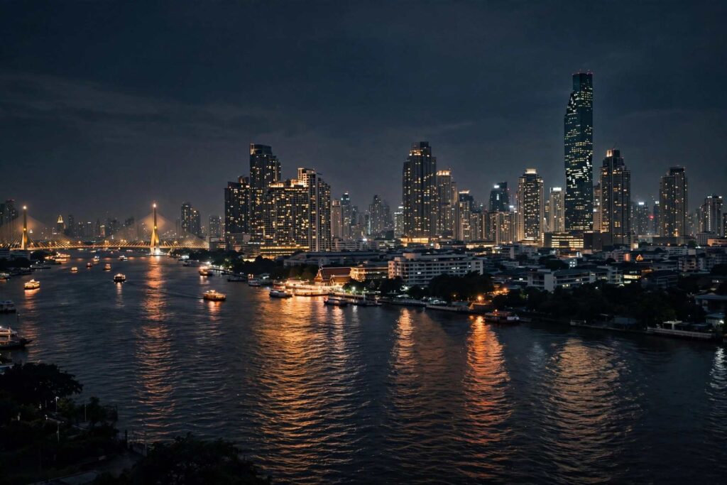 Bangkok skyline at night with illuminated skyscrapers and Chao Phraya River