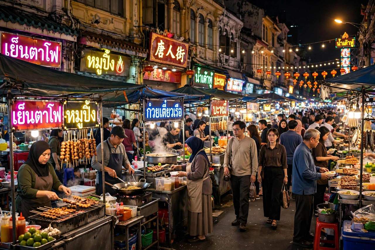 Vibrant night market food stalls in Bangkok Chinatown with neon signs