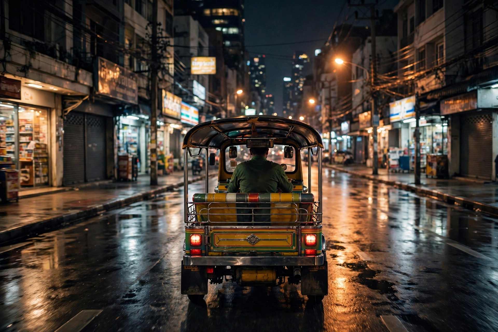 Tuk-tuk driving through Bangkok streets at night with city lights