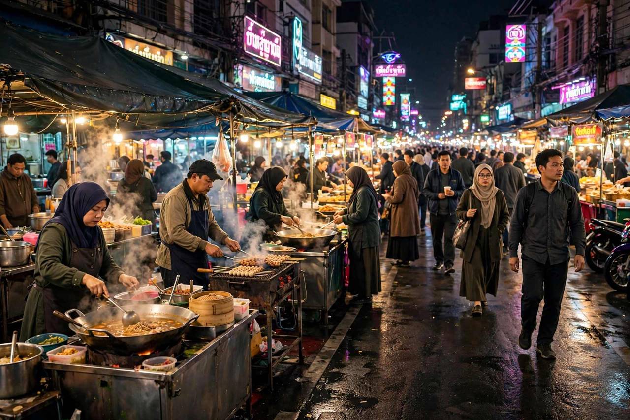 Neon-lit street in Bangkok at night with food vendors and crowds