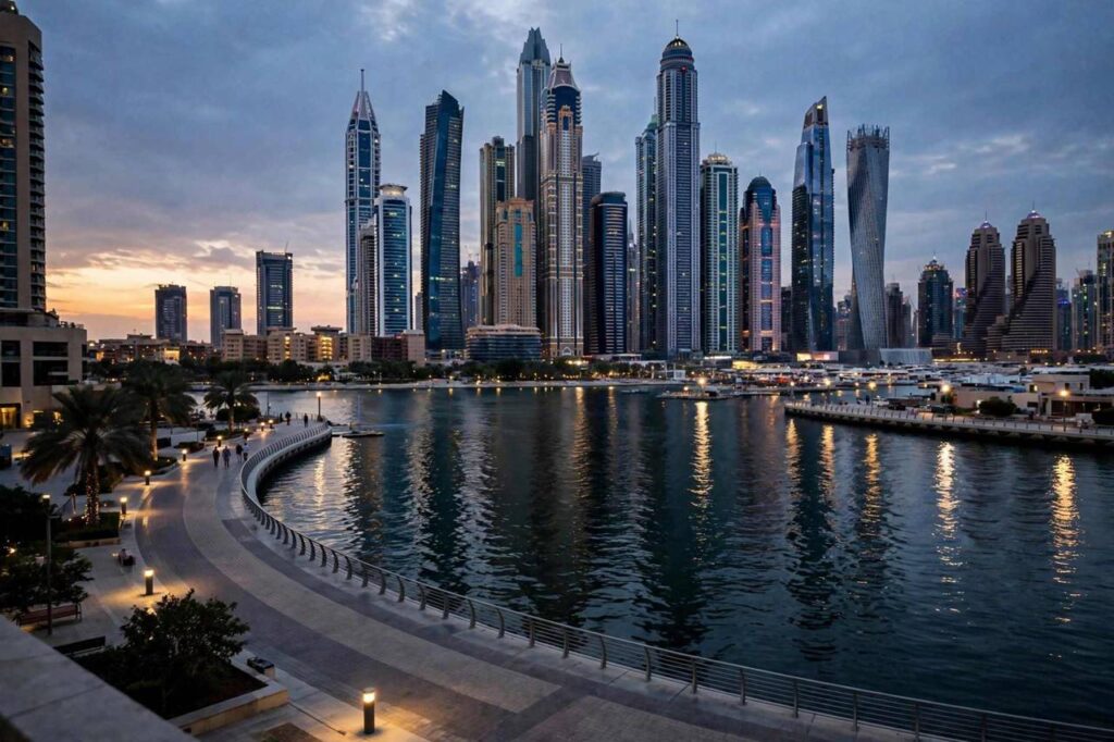 Dubai Marina skyline with public waterfront promenade at dusk