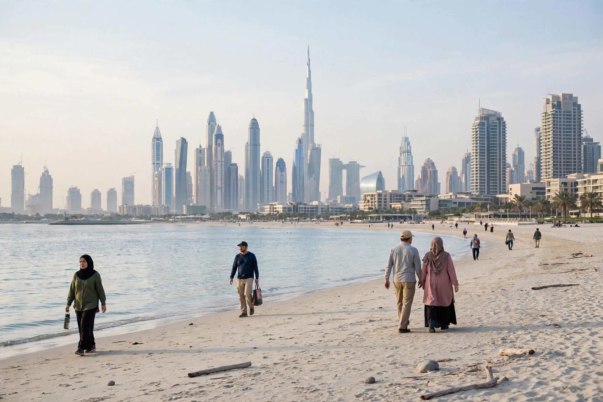 Public beach in Dubai with the city skyline in the background