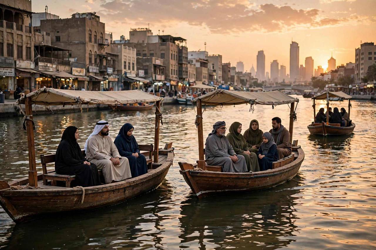 Traditional abra boats crossing Dubai Creek at sunset
