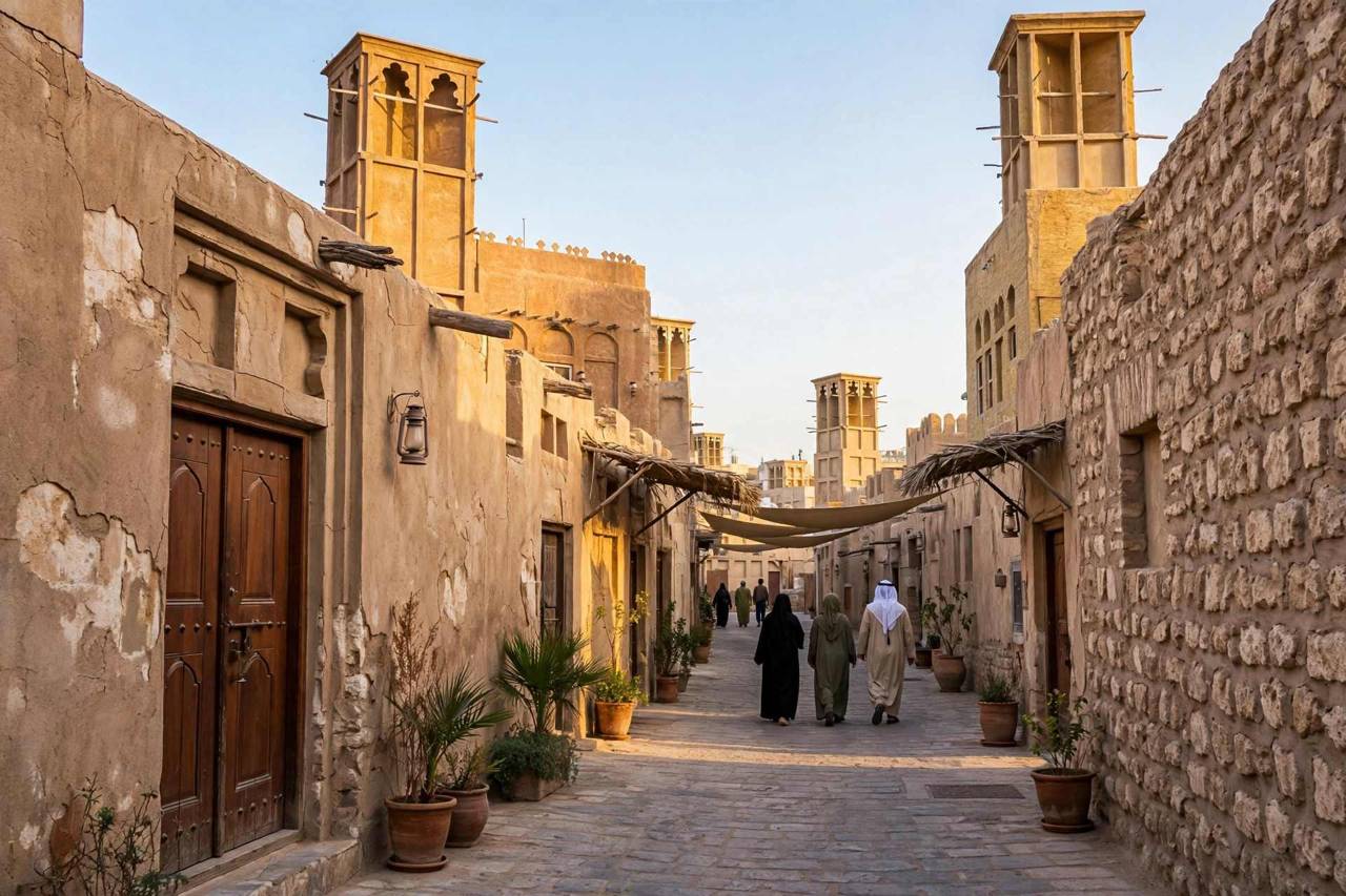Al Fahidi historical neighborhood with traditional wind towers in old Dubai