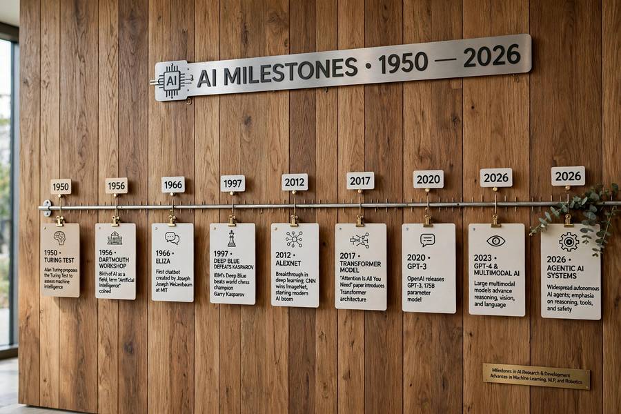 Timeline wall showing artificial intelligence milestones