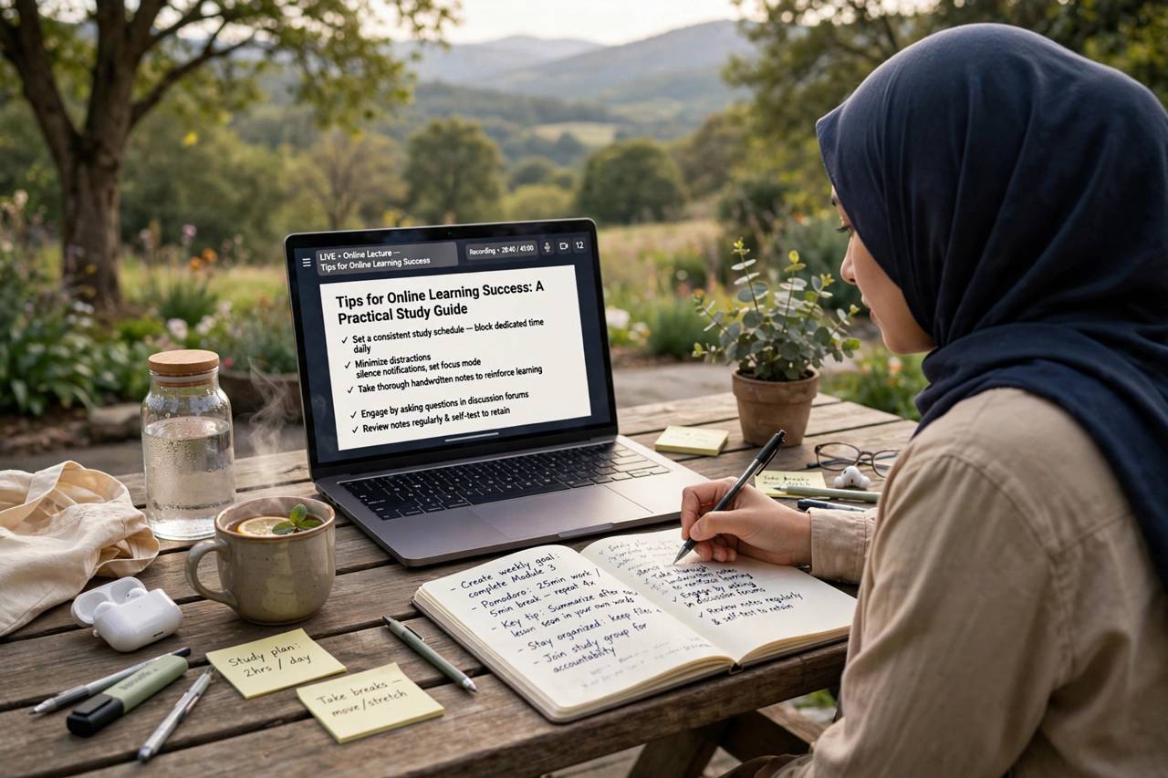Student taking handwritten notes while watching an online lecture