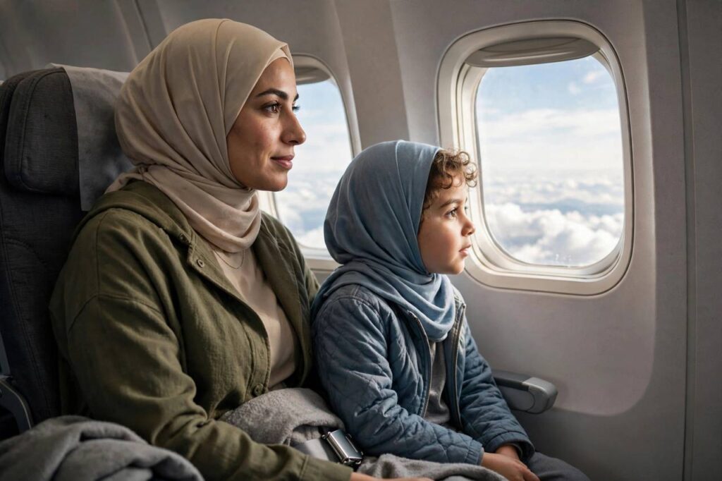A mother and young child looking out an airplane window during a flight