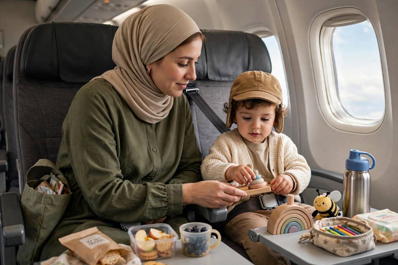 A parent and toddler settled into airplane seats with snacks and toys