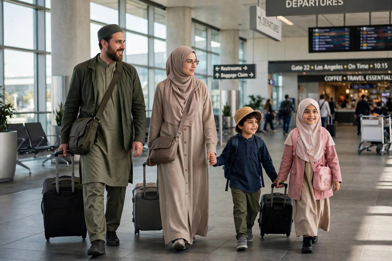 A family with young children walking through an airport terminal with luggage