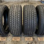 Tire wear patterns comparison guide showing misalignment signatures